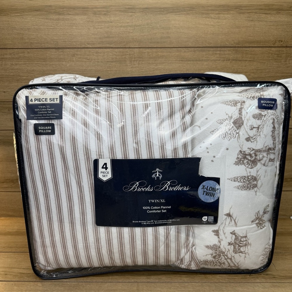 Brooks Brothers 4 Piece Comforter Set Twin XL 100% Cotton Flannel Winter Cabin